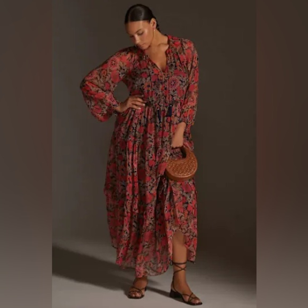 Anthropologie Red Floral Long Sleeve Dress